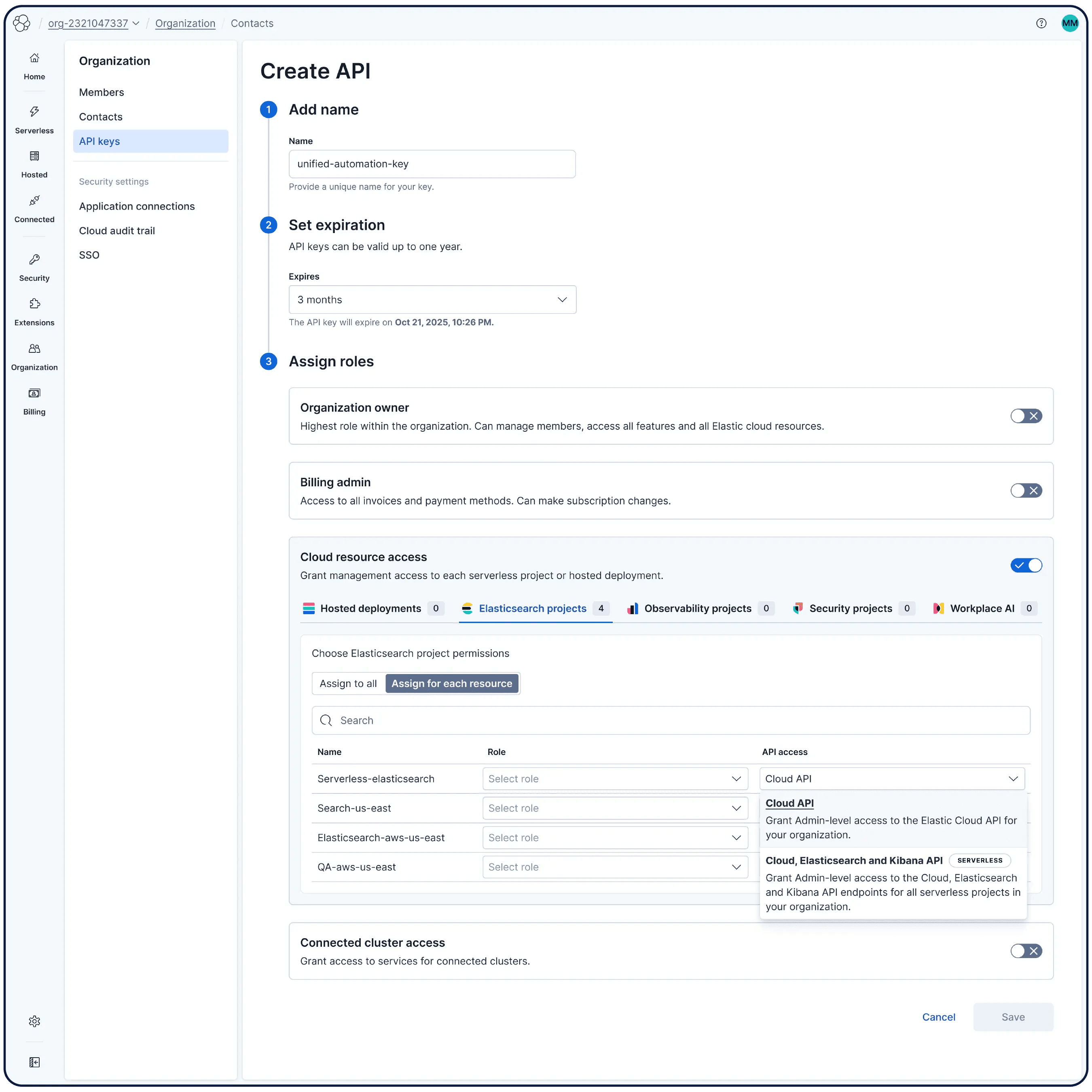 Elastic Cloud screen showing the API keys page with a Create API key modal open, including fields for name, expiration, and role assignments.
