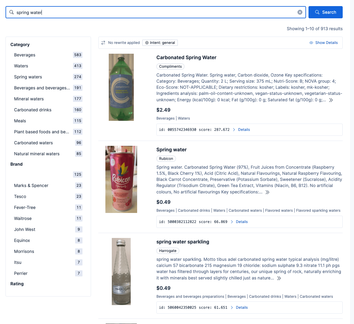 A web page shows search results for “spring water”, listing product details, prices, and filter categories for beverages and brands.