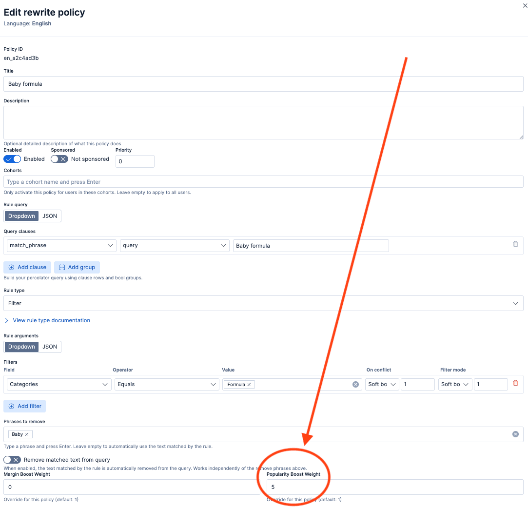 A web interface titled “Edit rewrite policy” shows configuration fields for a search rewrite rule, with a focus on the Popularity Boost Weight field.