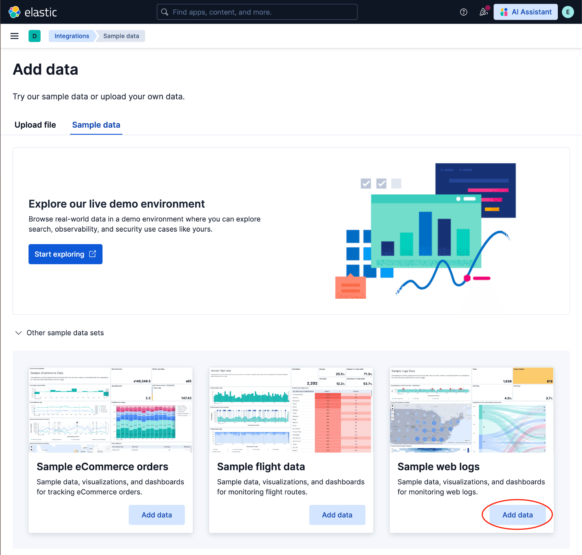 Elastic “Add data” page showing sample datasets, including ecommerce orders, flight data, and web logs, with the web logs option highlighted.