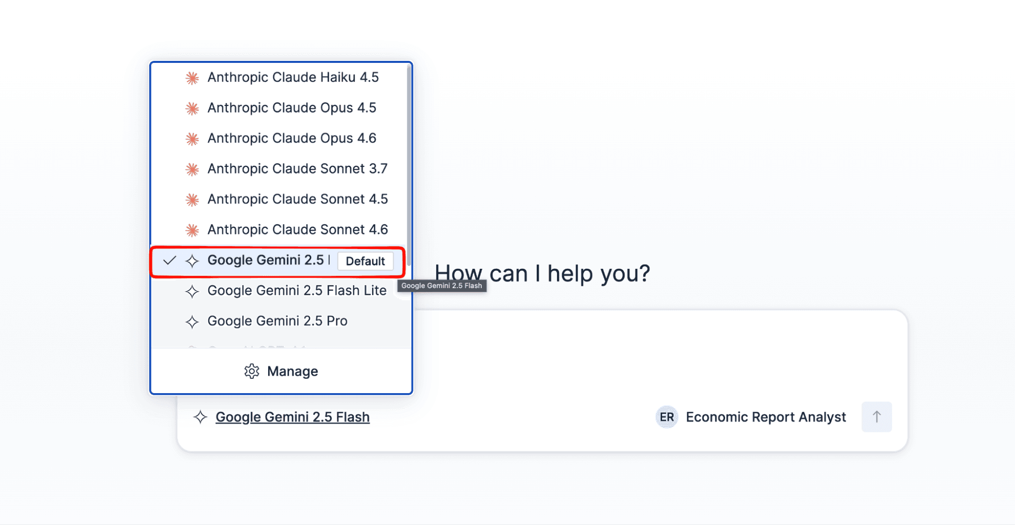 Dropdown menu, showing Anthropic Claude and Google Gemini model options, with the focus on Google Gemini 2.5 marked as Default.