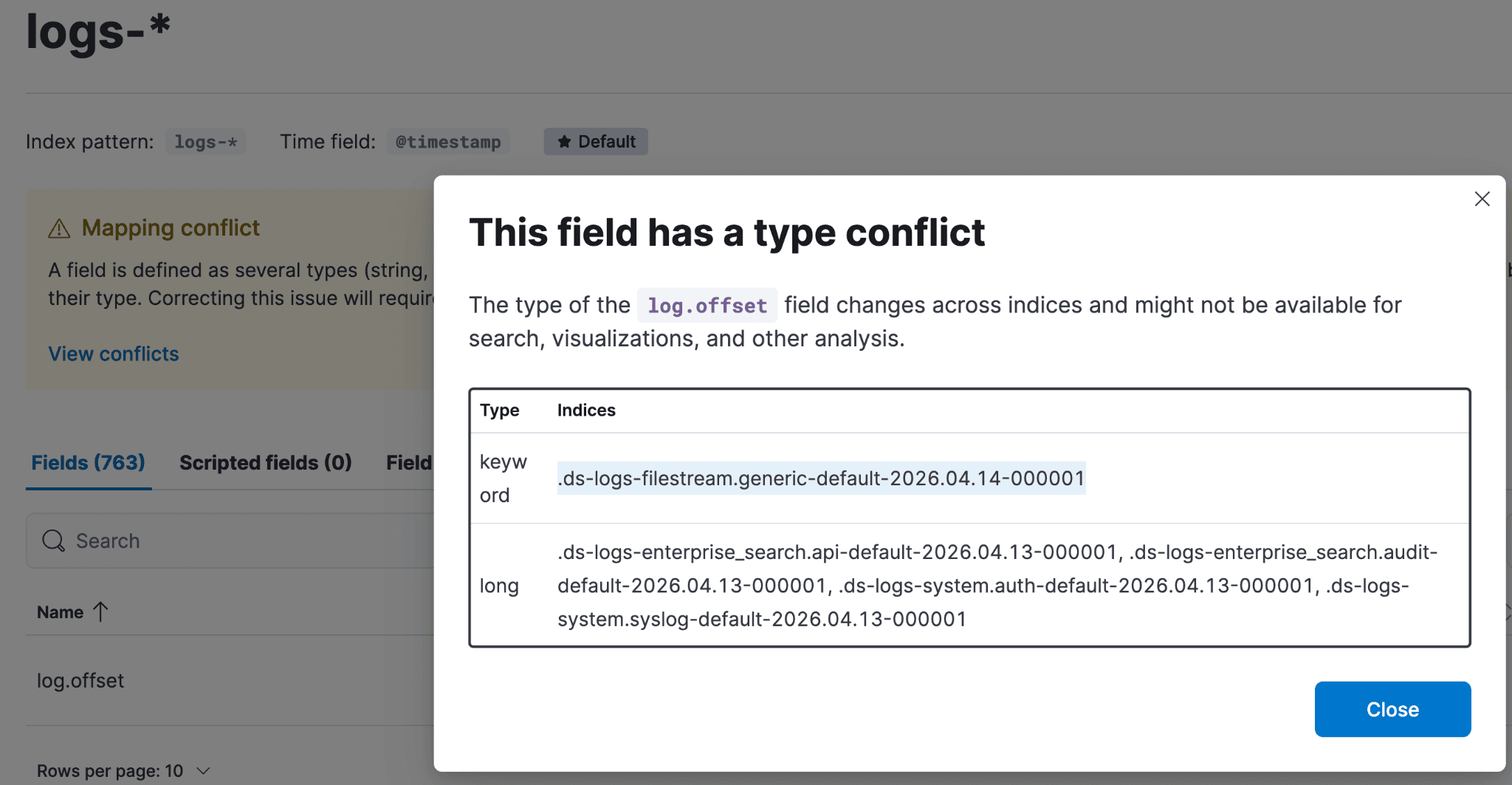 Screen showing the field log.offset with a warning about a type conflict, plus a table listing the indices for each type.
