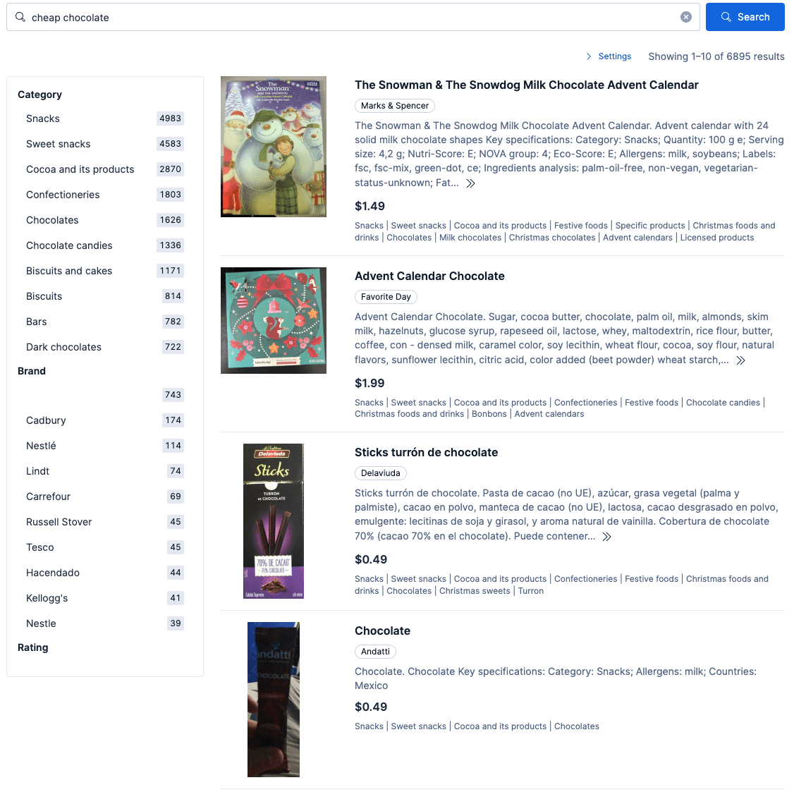 Search results page for the query “cheap chocolate,” showing category and brand filters on the left and a product list on the right, with multiple chocolate items, prices, categories, and a total of 6,895 results indicated at the top.