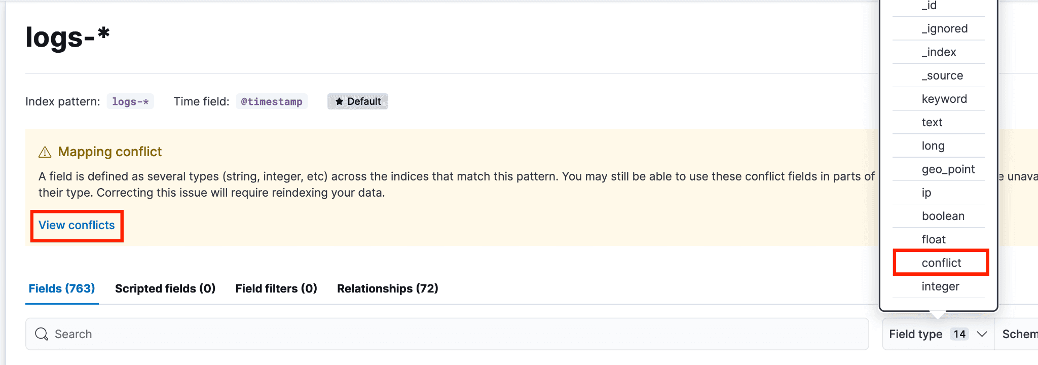 Interface showing a logs index pattern with a mapping conflict warning and a list of field types. Focus is on View conflicts and on field type conflict.