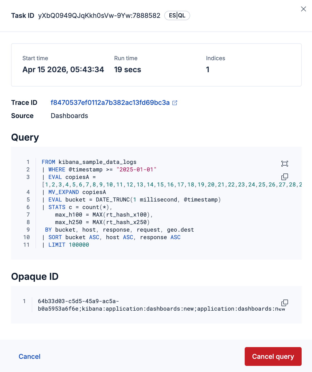 A screenshot showing a query execution summary with fields for task ID, trace ID, source, start time, run time, indices count, and a multi‑line ES|QL query displayed below.