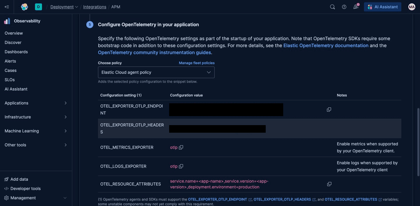 Kibana APM integration page showing OpenTelemetry configuration settings for search API instrumentation