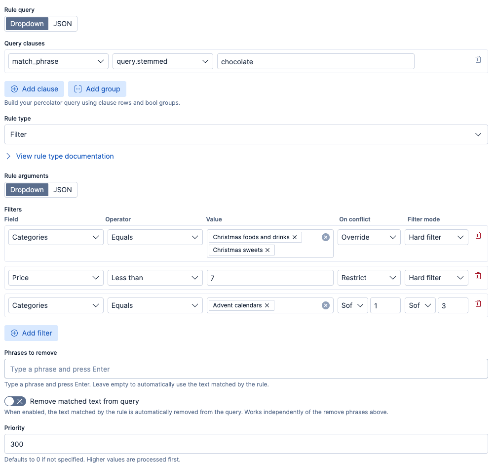 Screenshot of an Elasticsearch rule query interface showing a match_phrase query for “chocolate,” filter rules based on categories and price, conflict handling options, and rule priority settings.