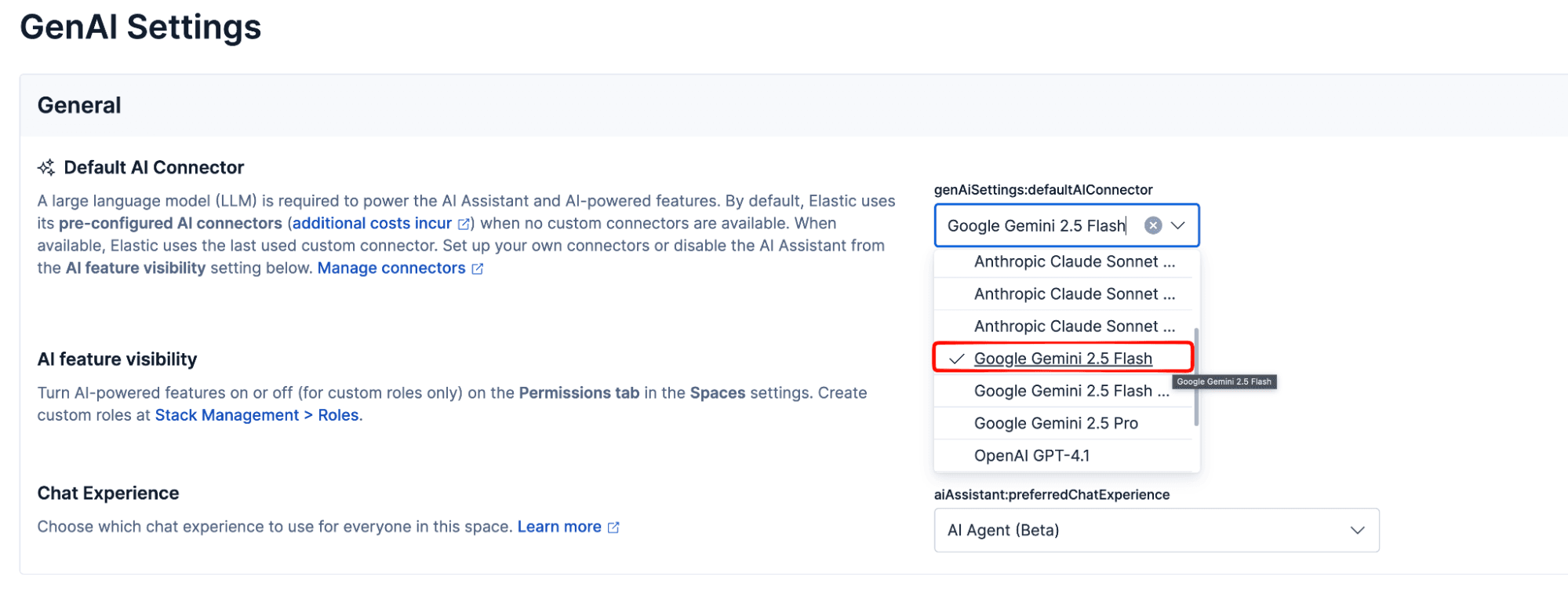 Configuration interface, titled GenAI Settings, showing a dropdown menu with the focus on Google Gemini 2.5 Flash selected as the default AI connector.