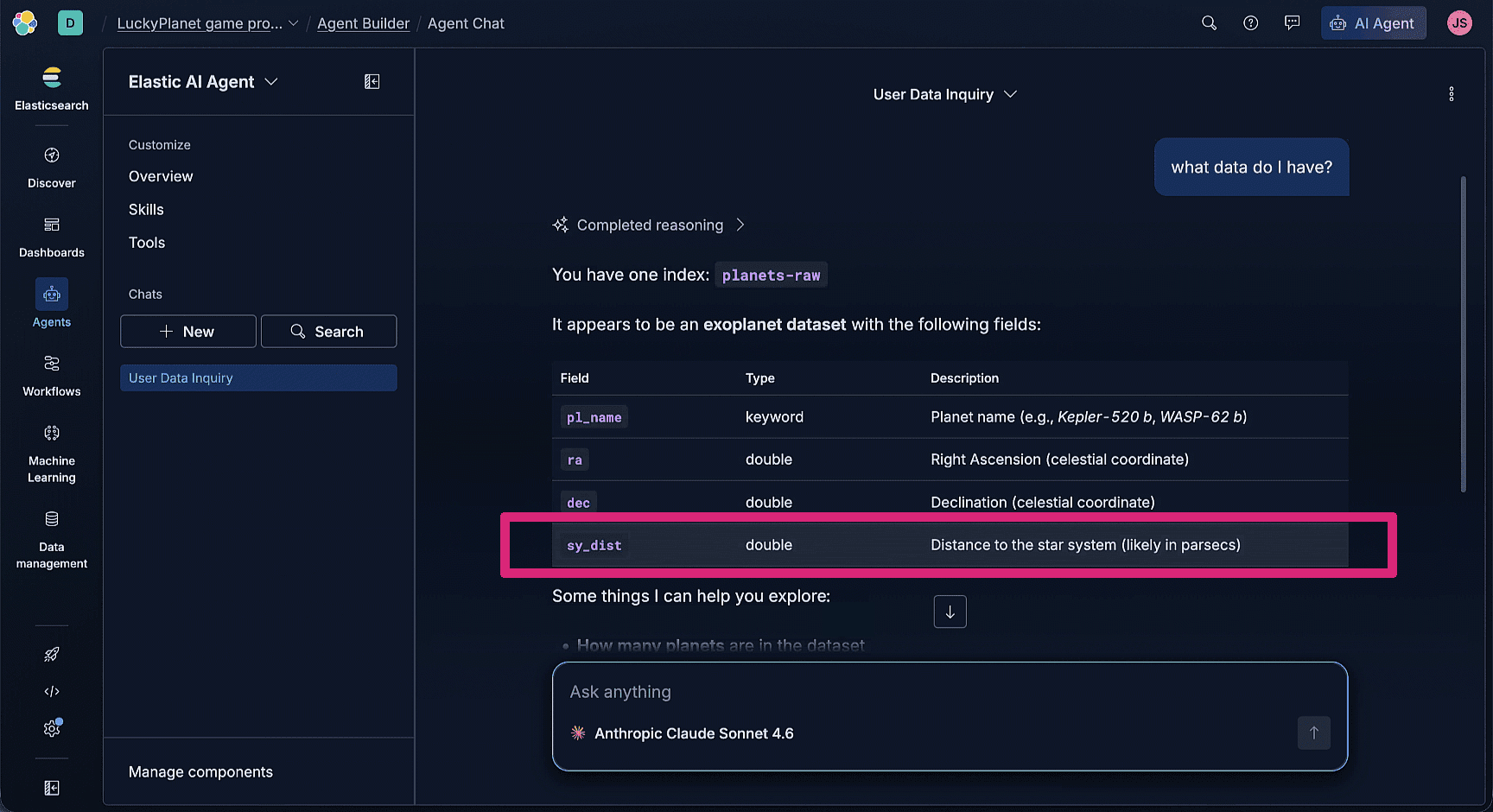 Screenshot of the Elastic AI Agent interface in dark mode, showing a user query “what data do I have?” and the system’s response describing an index named planets‑raw. The focus is on the sy_dist row. The left sidebar includes navigation options, such as Discover, Dashboards, Agents, Workflows, Machine Learning, and Data management.