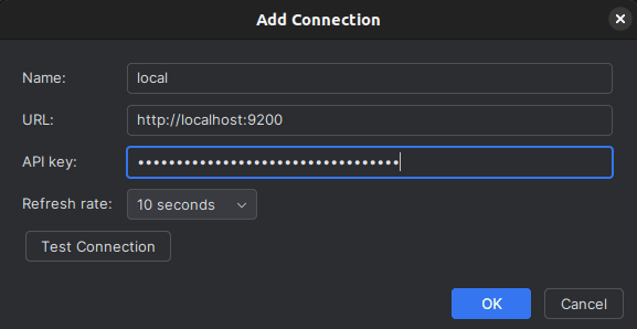 Dialog box for adding an Elasticsearch connection, showing fields for name, URL, API key, refresh rate, and buttons to test or confirm the connection.