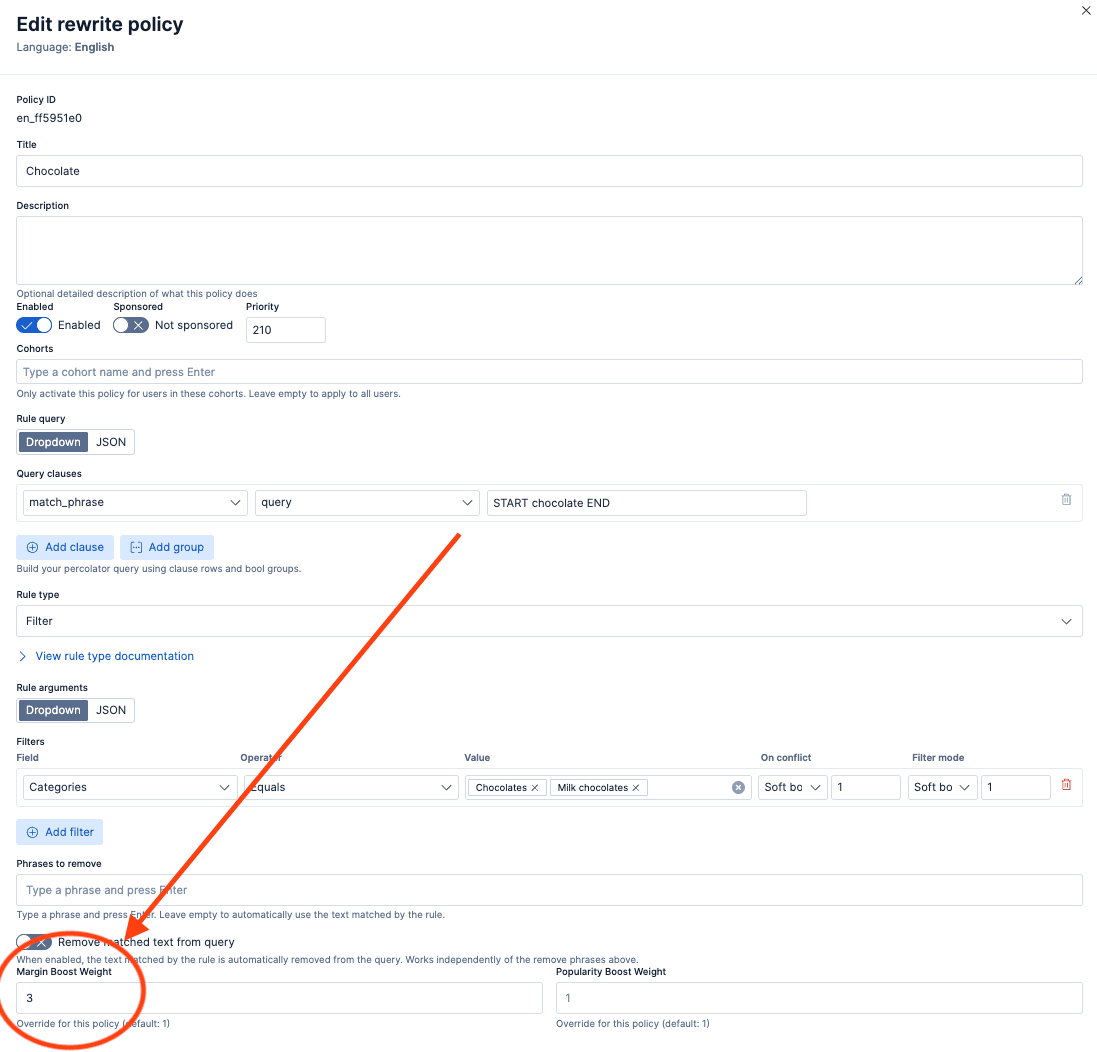 A web interface titled “Edit rewrite policy” shows configuration fields for a search rewrite rule, with a focus on the Margin Boost Weight field.