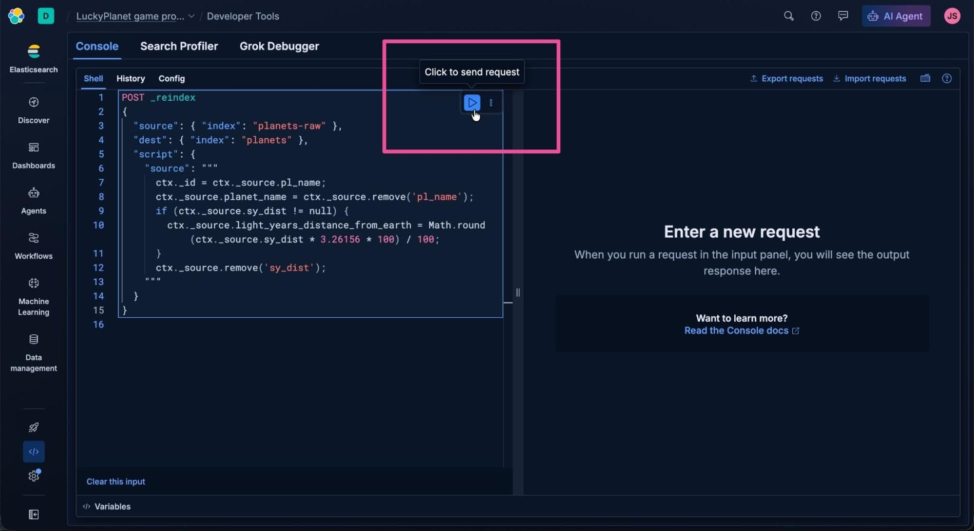 Screenshot of the Elasticsearch Developer Tools console, showing a JSON script for reindexing data. The left panel contains the code editor, and the right panel displays a message area for responses. The focus is on the “Click to send request” button used to execute the script.