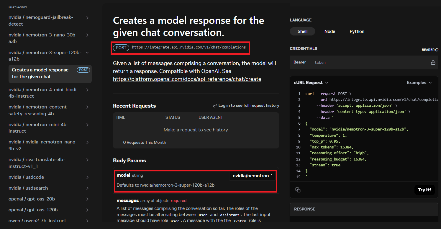 NVIDIA chat completions API reference showing the POST endpoint and default model nemotron-3-super-120b-a12b