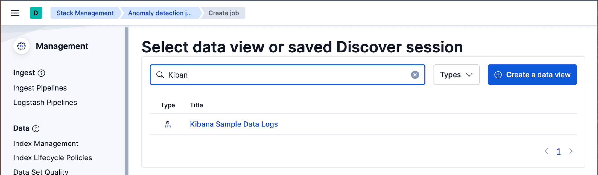 Kibana interface showing the “Create job” step for anomaly detection, with a panel listing available data views and the “Kibana Sample Data Logs” option selected.