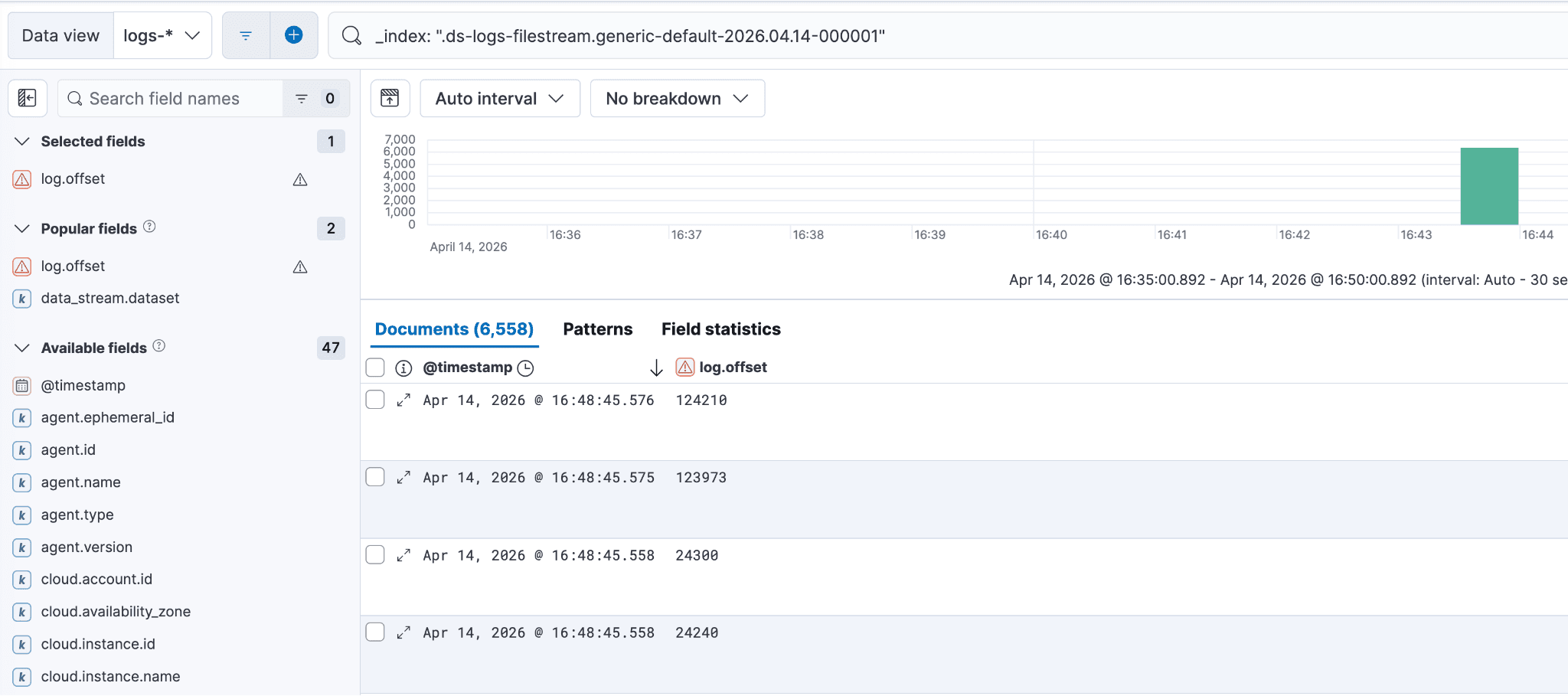 Screen showing a time‑based histogram and a table of log entries with timestamps and log.offset values.