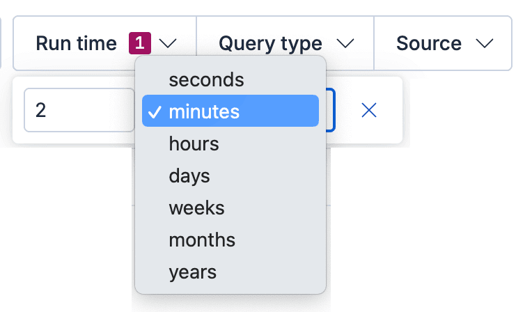 A screenshot showing a dropdown labeled "Run time," with units such as seconds, minutes, hours, days, weeks, months, and years, with minutes selected, alongside additional dropdowns for Query type and Source and a numeric input field below.