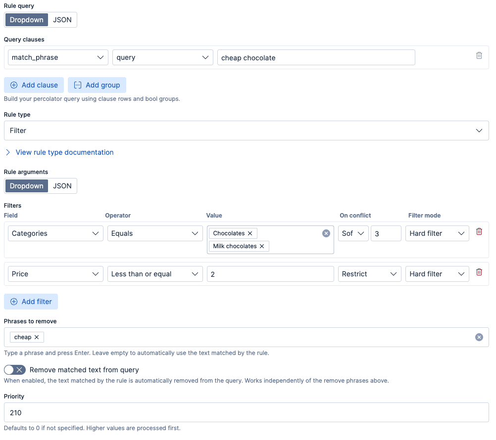 Interface showing a rule configuration with a match phrase for “cheap chocolate,” category and price filters, a phrase‑removal field, and priority settings.