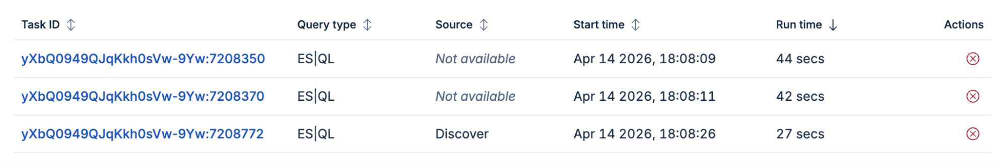 A screenshot of a table listing three ES|QL tasks with task IDs, query types, sources, start times, run times, and action icons.