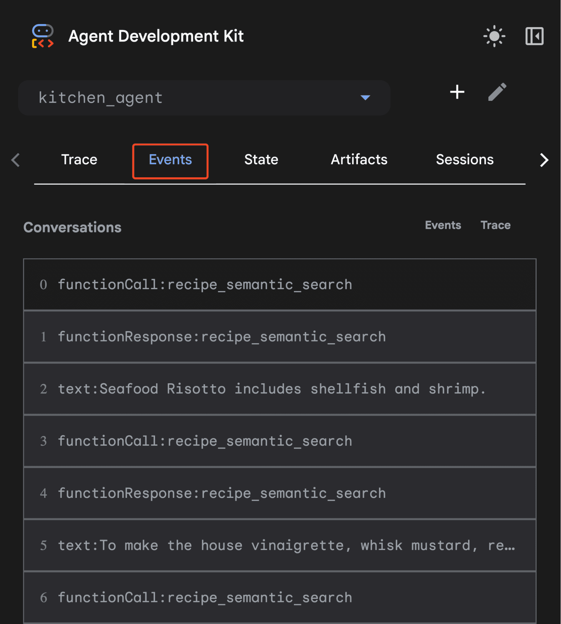 Dark-themed Agent Development Kit interface showing the kitchen_agent workspace with tabs for Trace, Events, State, Artifacts, and Sessions, with a focus on the Events tab. The Conversations list below shows numbered entries for function calls, responses, and text messages related to recipe_semantic_search.