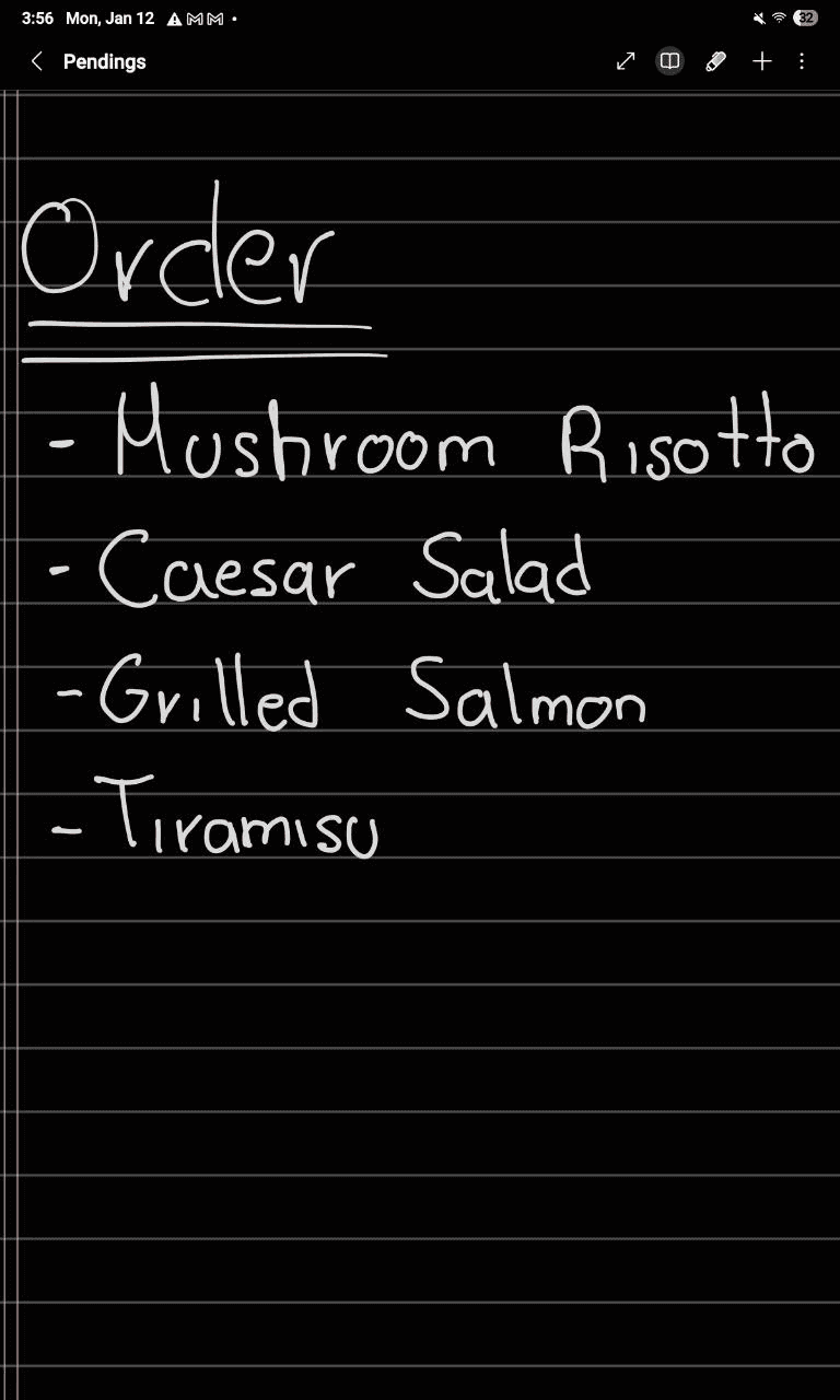 Handwritten list on a black lined background titled “Order,” showing four items: Mushroom Risotto, Caesar Salad, Grilled Salmon, and Tiramisu.