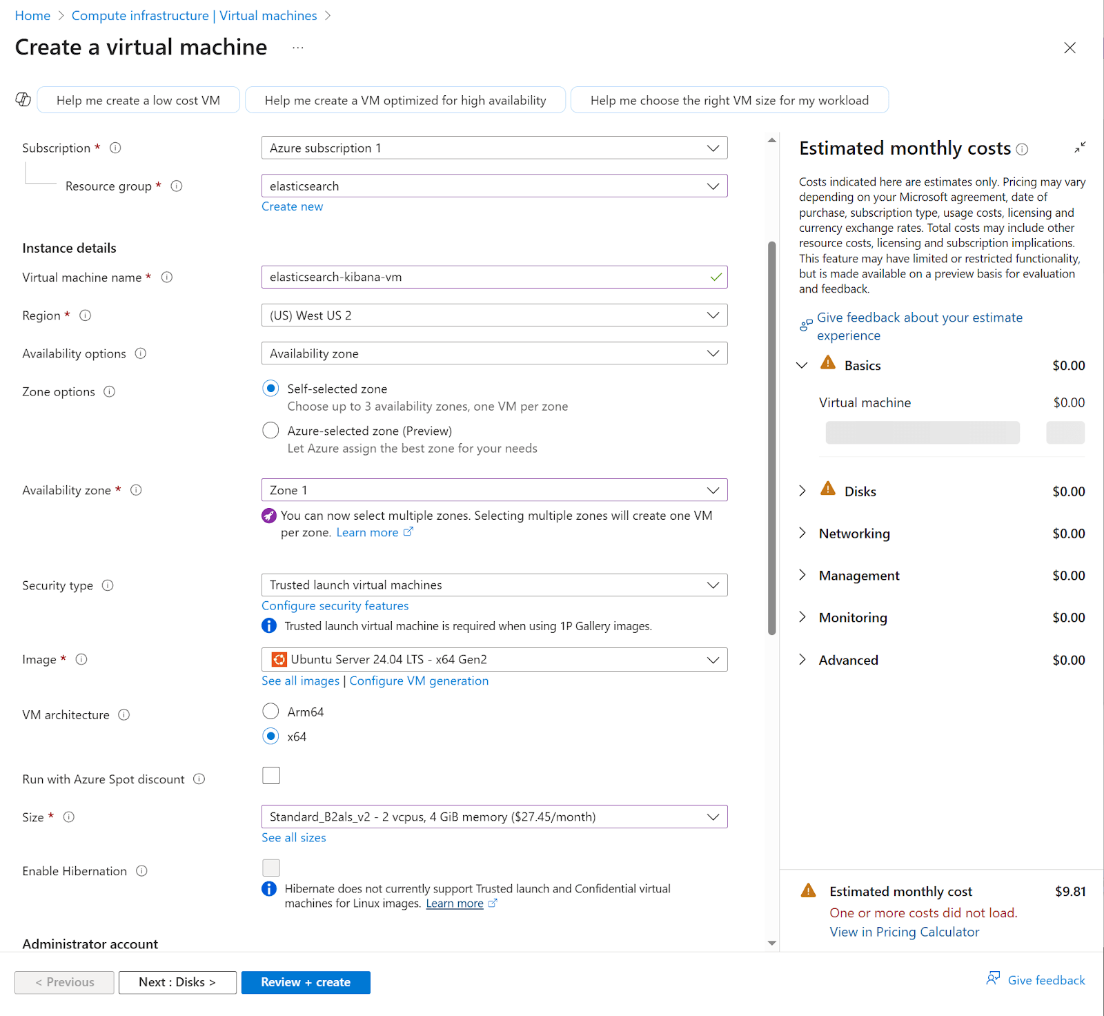 The fields required when creating a virtual machine in Azure.