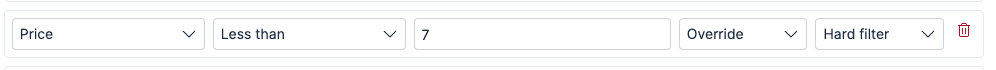 User interface showing a search policy rule with field set to Price, operator set to Less than, value set to 7, conflict handling set to Override, and filter mode set to Hard filter.