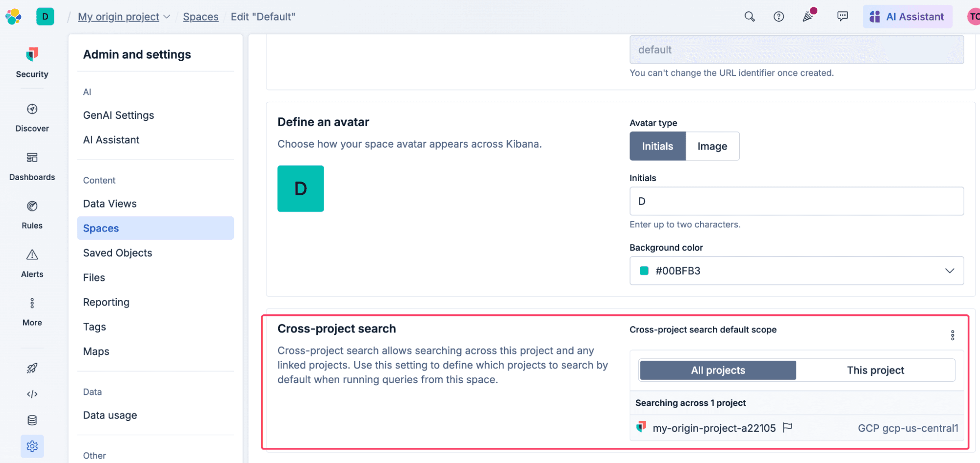 Kibana Space settings page showing the Cross-project search default scope panel, with "All projects" selected and my-origin-project-a22105 on GCP us-central1 listed as the active project