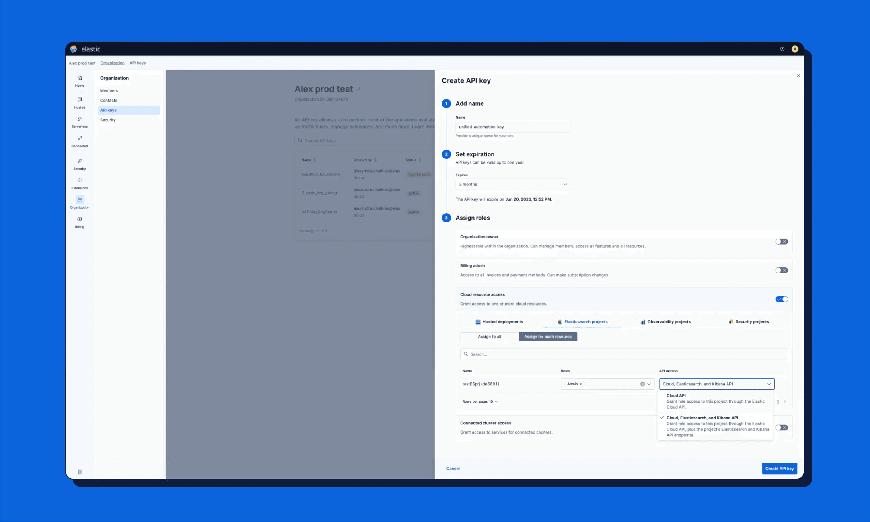 Elastic Cloud screen showing the API keys page with a Create API key modal open, including fields for name, expiration, and role assignments.
