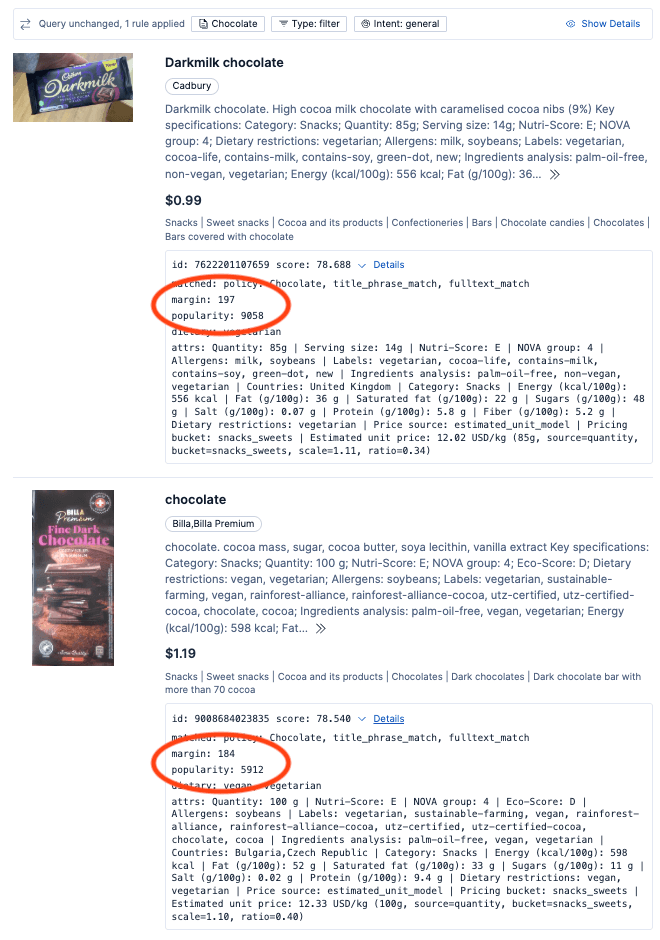 A data interface shows two chocolate products, with pricing, nutritional details, and metadata, with a focus on the margin and popularity fields for both products.
