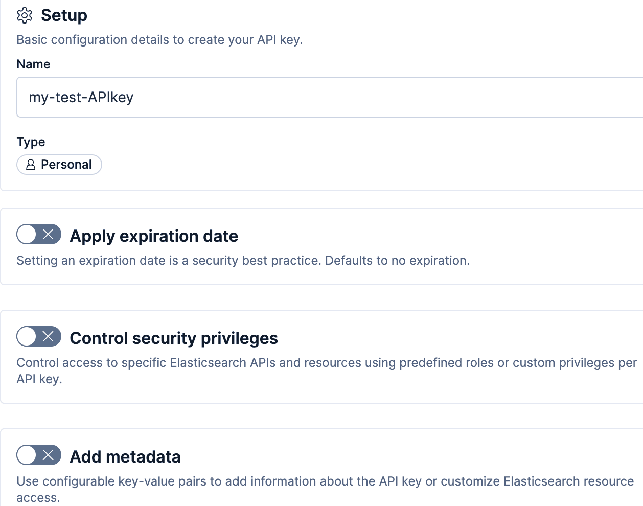 Creating an Elasticsearch API key in Kibana: setup screen showing key name, Personal type and disabled toggles for expiration date and security privileges