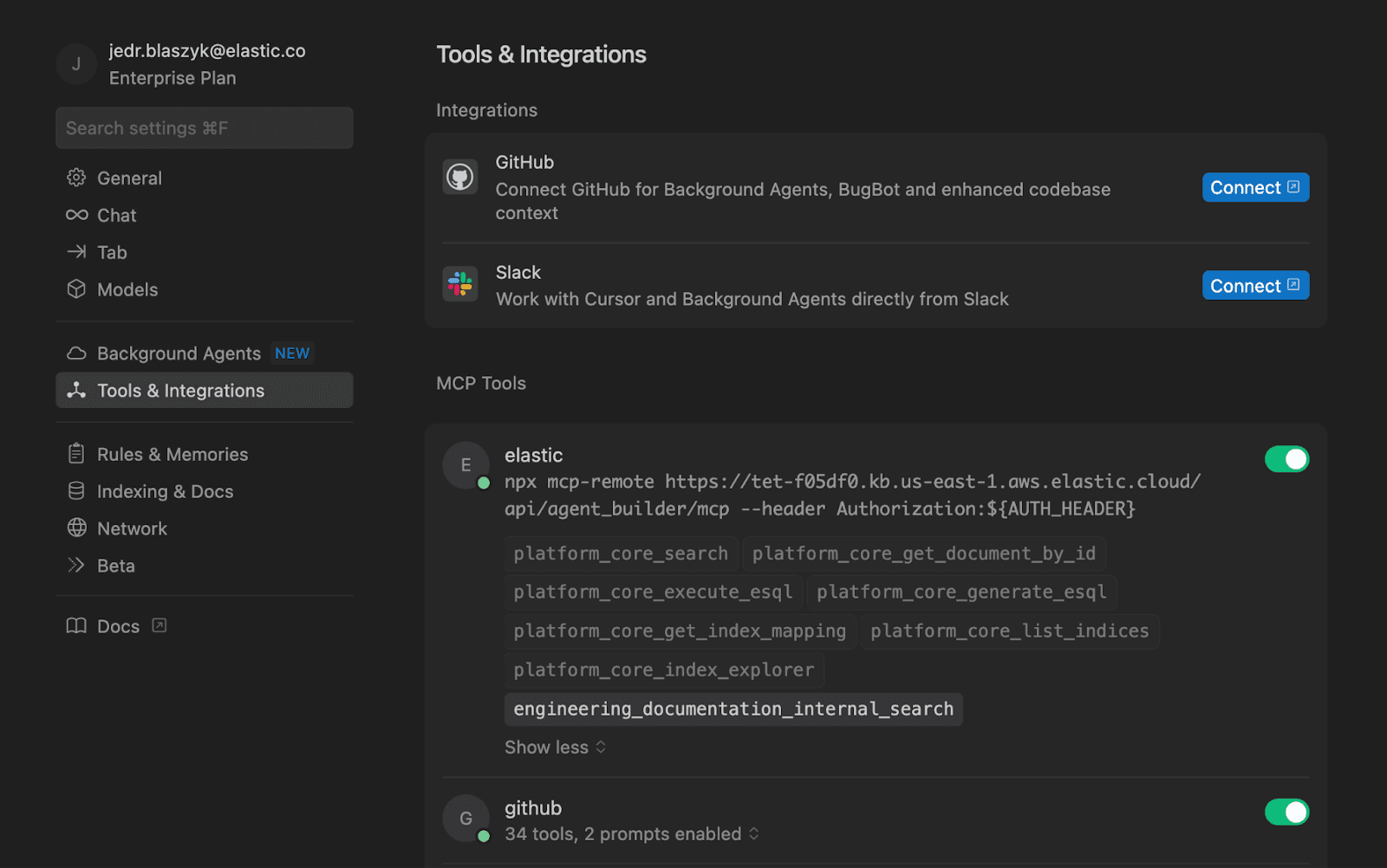 Cursor で使用できる Elastic Agent Builder MCP サーバー ツールのイメージ。