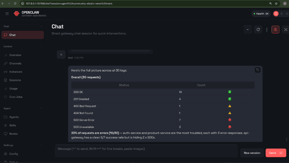 OpenClaw web chat with "the full picture across 30 logs," listing "ok," "bad requests," "server errors," and more.
