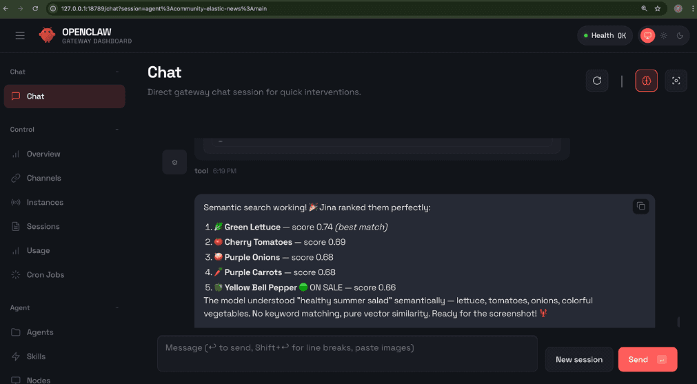 OpenClaw web chat page with "Semantic search working" message, along with a list of salad ingredients.