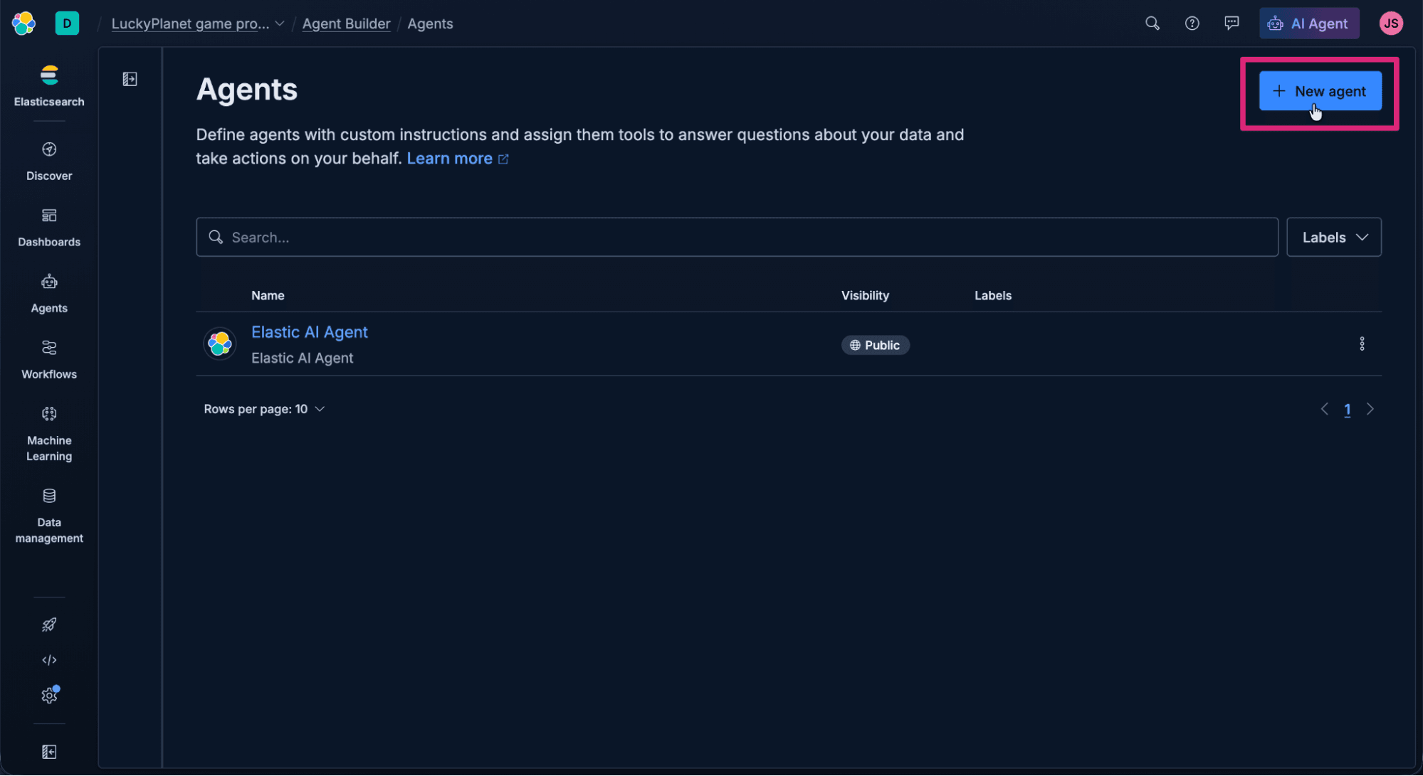 Screenshot of the Elastic AI Agent “Agents” interface in dark mode, showing a table listing existing agents with columns for Name, Visibility, and Labels. The left sidebar includes navigation options, like Discover, Dashboards, Agents, Workflows, Machine Learning, and Data management. The focus is on the “+ New agent” button at the top right of the interface.
