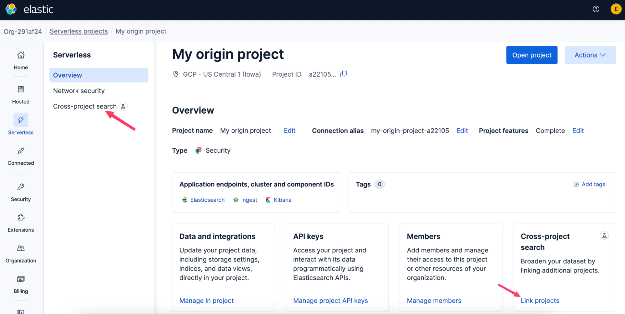 Elastic Cloud Console showing the Cross-project search option in the Serverless project sidebar, with a Link projects button highlighted on the project overview page