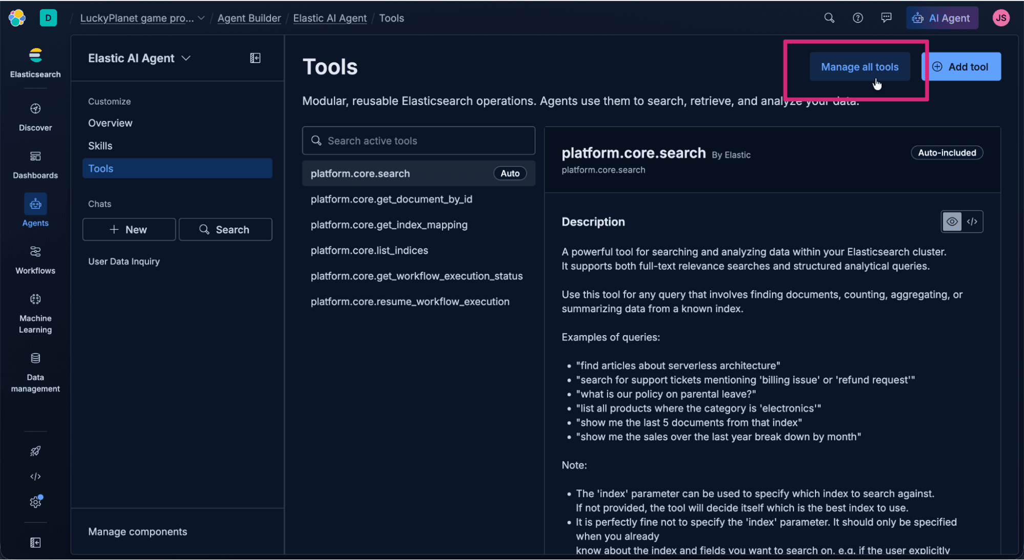 Screenshot of the Elastic AI Agent interface in dark mode showing the “Tools” page. The left sidebar lists navigation options such as Discover, Dashboards, Agents, Workflows, Machine Learning, and Data management. The main panel displays a list of platform tools. The focus is on the “Manage all tools” button at the top right of the interface.