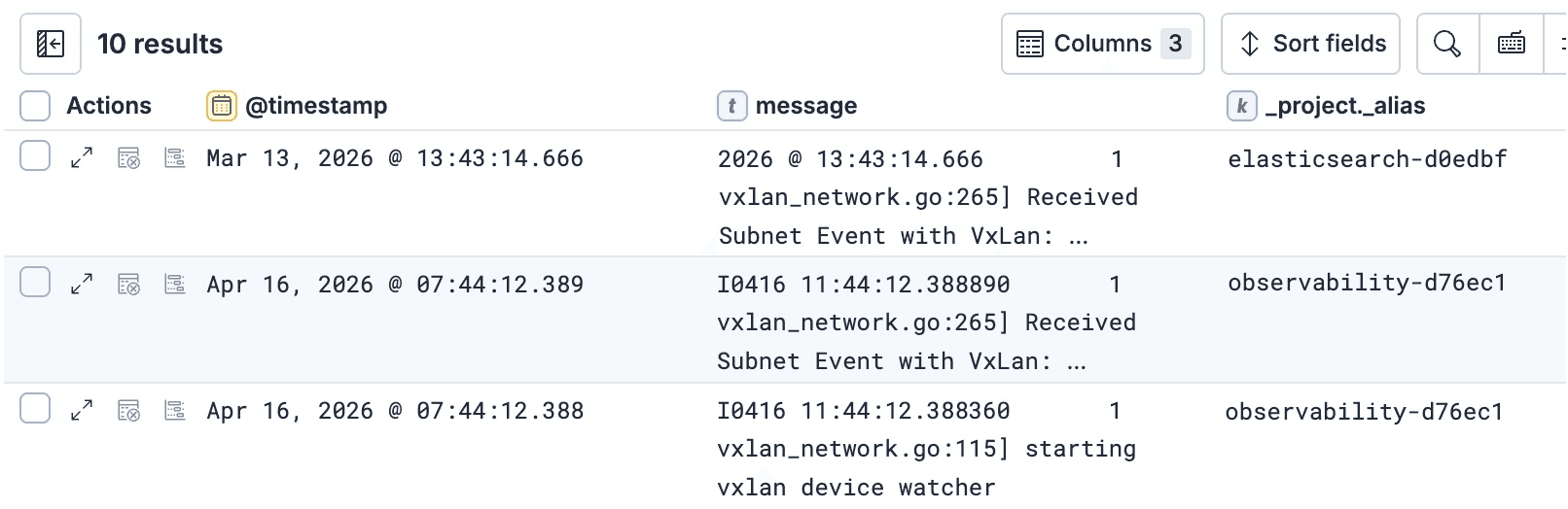 Kibana Discover showing cross-project search results with _project._alias column identifying which Elastic Serverless project each log entry came from