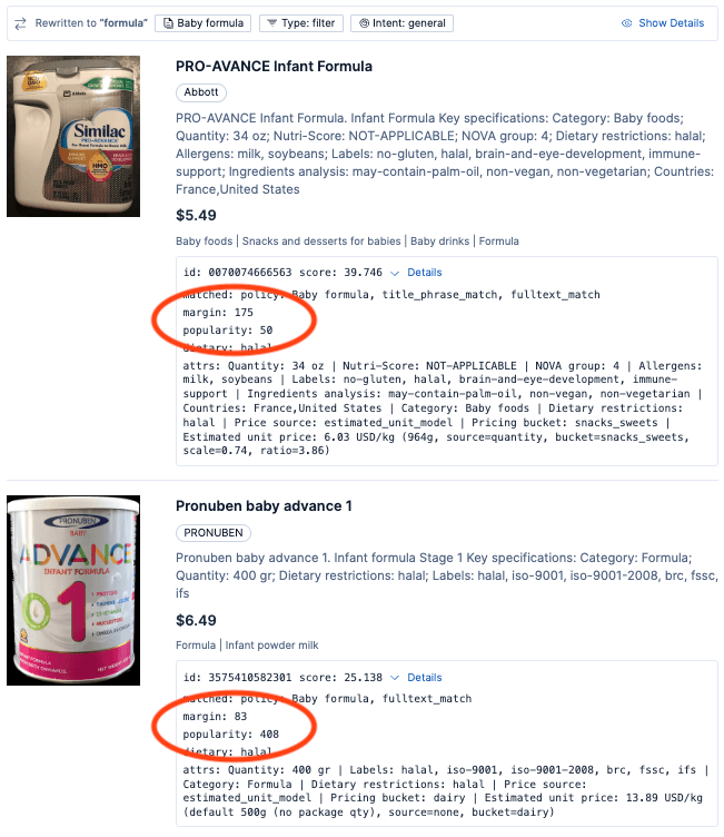 A data interface shows two infant formula products, with pricing, product details, and metadata, with a focus on the margin and popularity fields for both products.