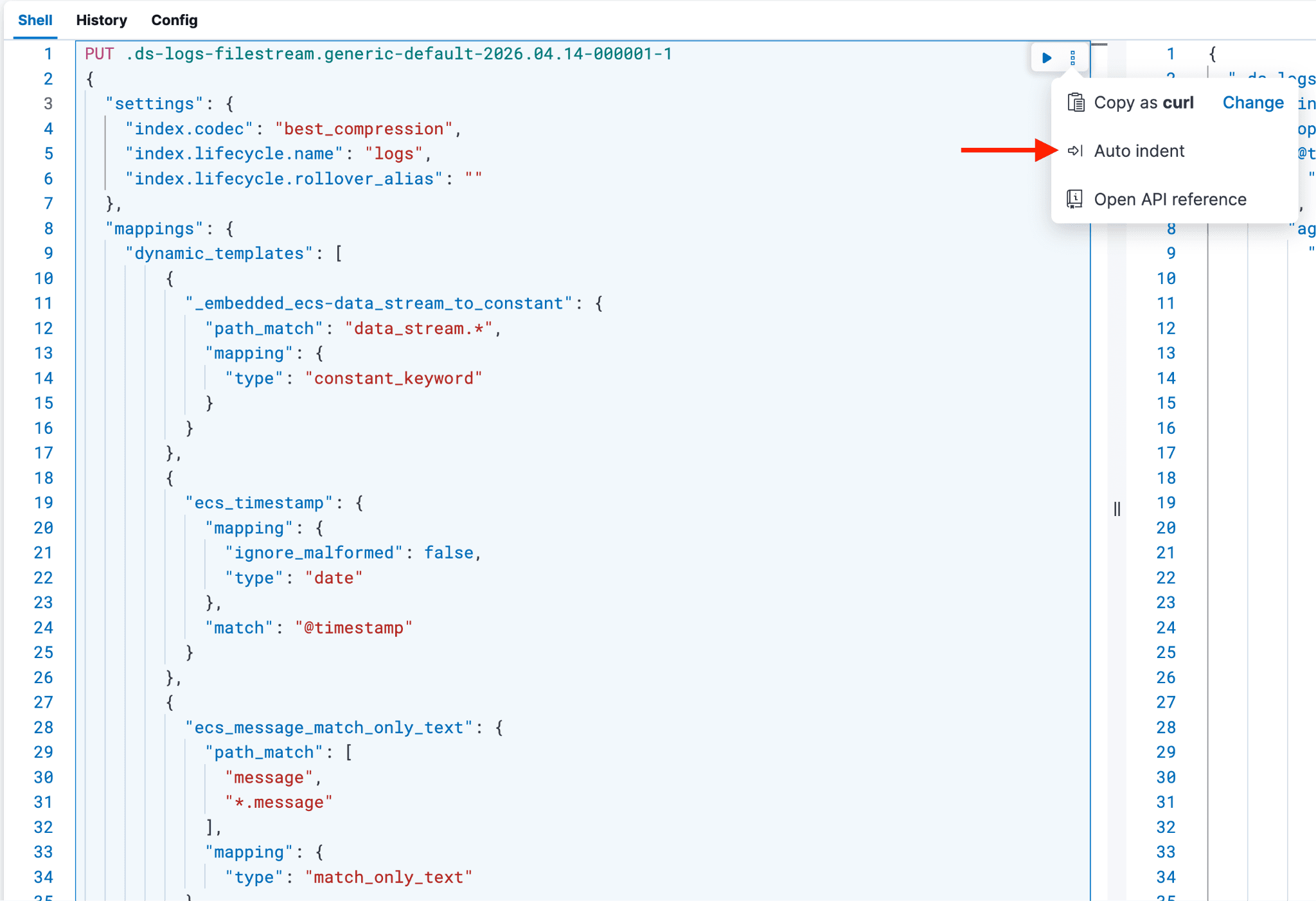 Code editor showing Elasticsearch index settings and mappings. A dropdown menu is open on the right, and an arrow points to the “Auto indent” option in the menu.
