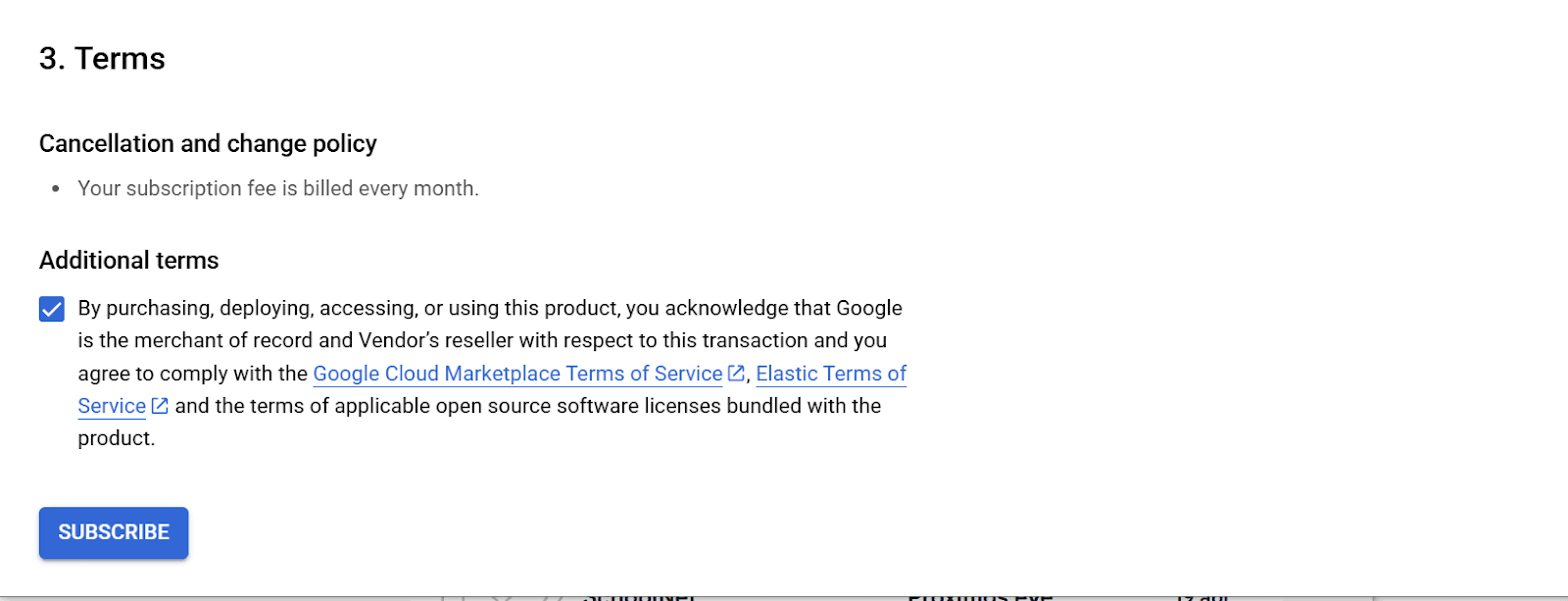 Terms for placing an order for Elastic on GCP Marketplace