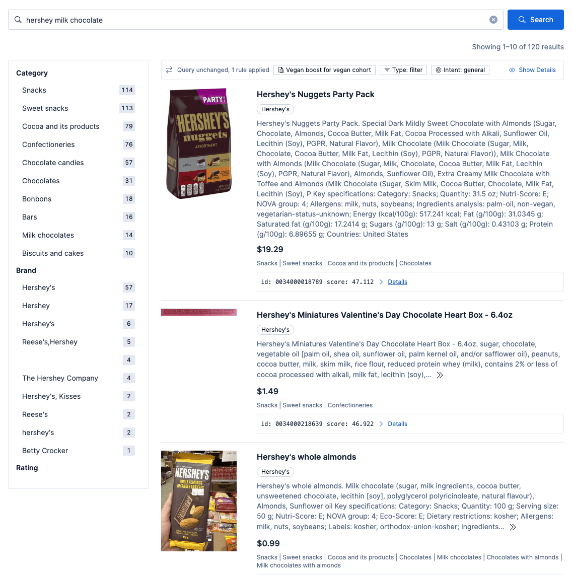 A web page shows search results for “Hershey milk chocolate”, with category and brand filters on the left and three Hershey’s chocolate product listings, with detailed descriptions, prices, and nutritional information.