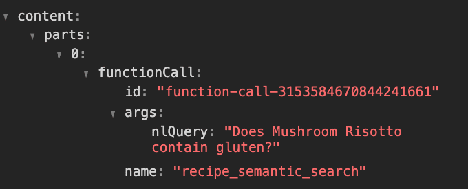 Code snippet on a dark background showing a structured data object with a functionCall labeled recipe_semantic_search. The nlQuery field contains the text “Does Mushroom Risotto contain