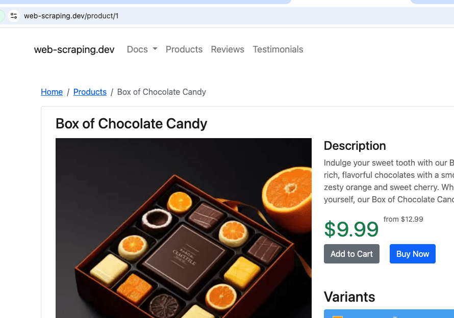 The product page for "Box of Chocolate Candy" from the web-scraping.dev domain, a mock site for testing web scraping. The page displays the product title, image, description, and HTML elements for price and buy buttons.
