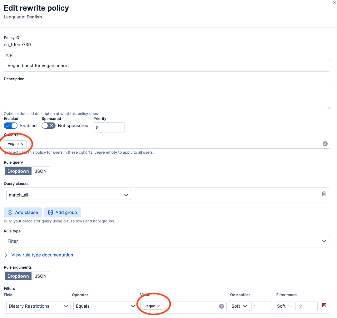 A web interface titled “Edit rewrite policy” shows fields for policy ID, title, description cohort selection, rule query options, rule type, filter settings, and more, with a focus on the cohort containing “vegan” and one on the value "vegan”.