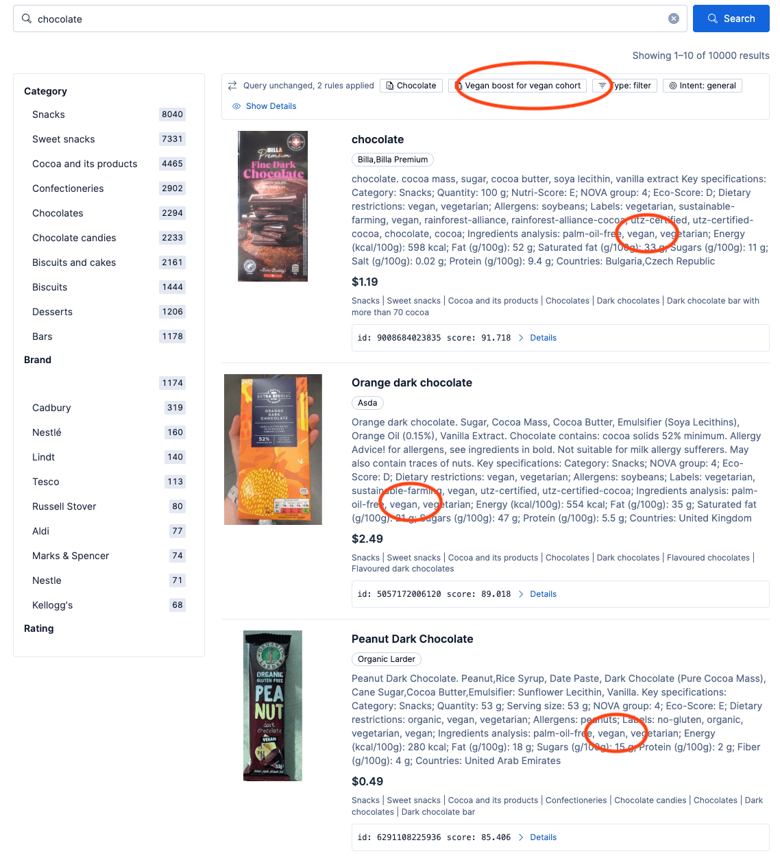 A web page shows search results for “chocolate”, with category and brand filters on the left and three chocolate product listings with descriptions, prices, and specifications, with a focus on the circled vegan labels.