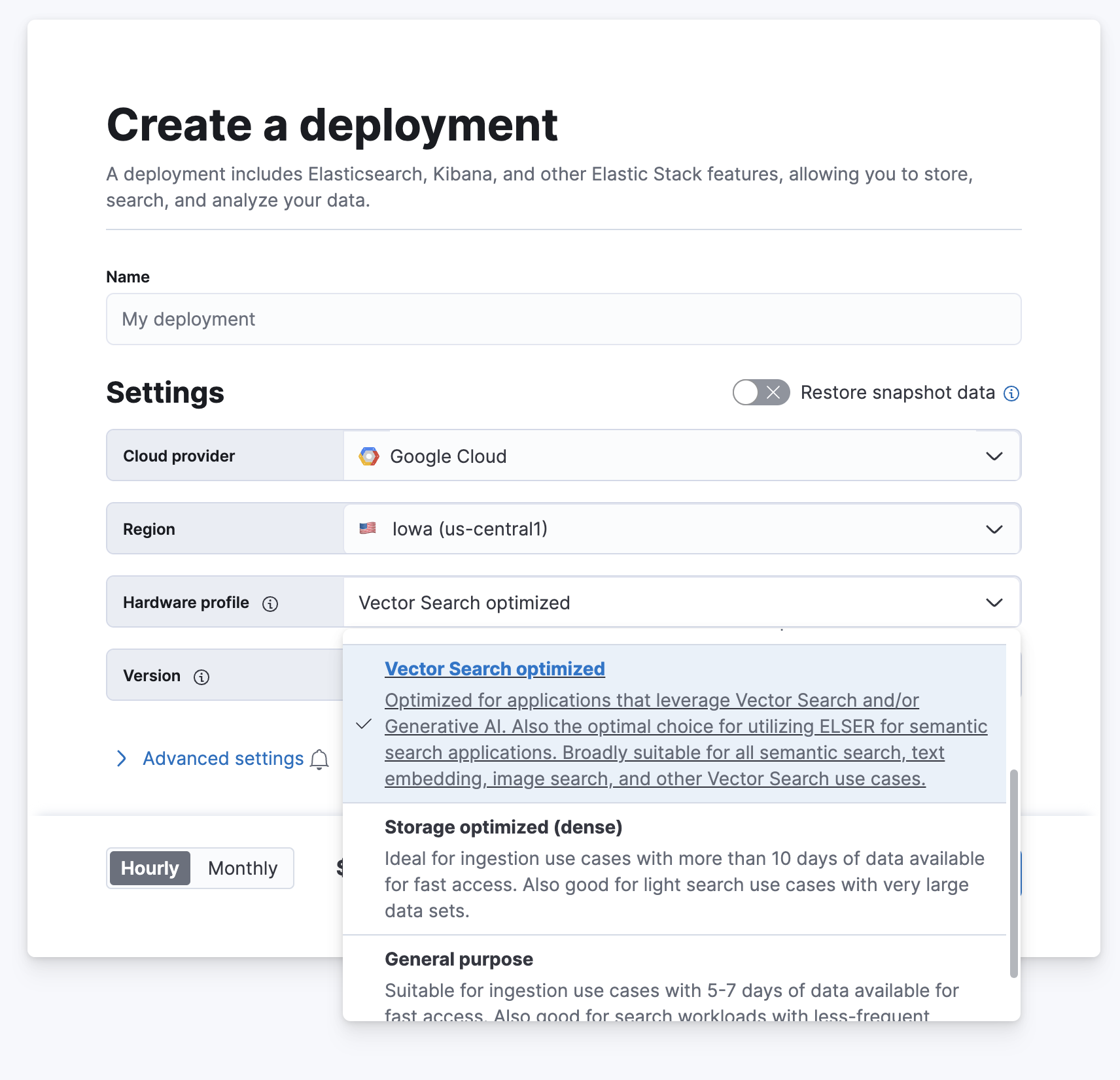 cloud UI view for new deployments