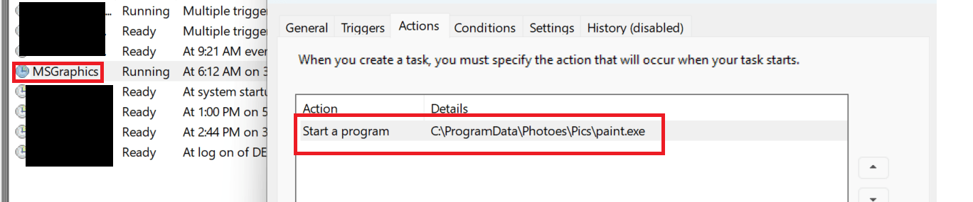 Persistence was established through a COM-based scheduled task named MSGraphics (Source : Elastic Security Labs).
