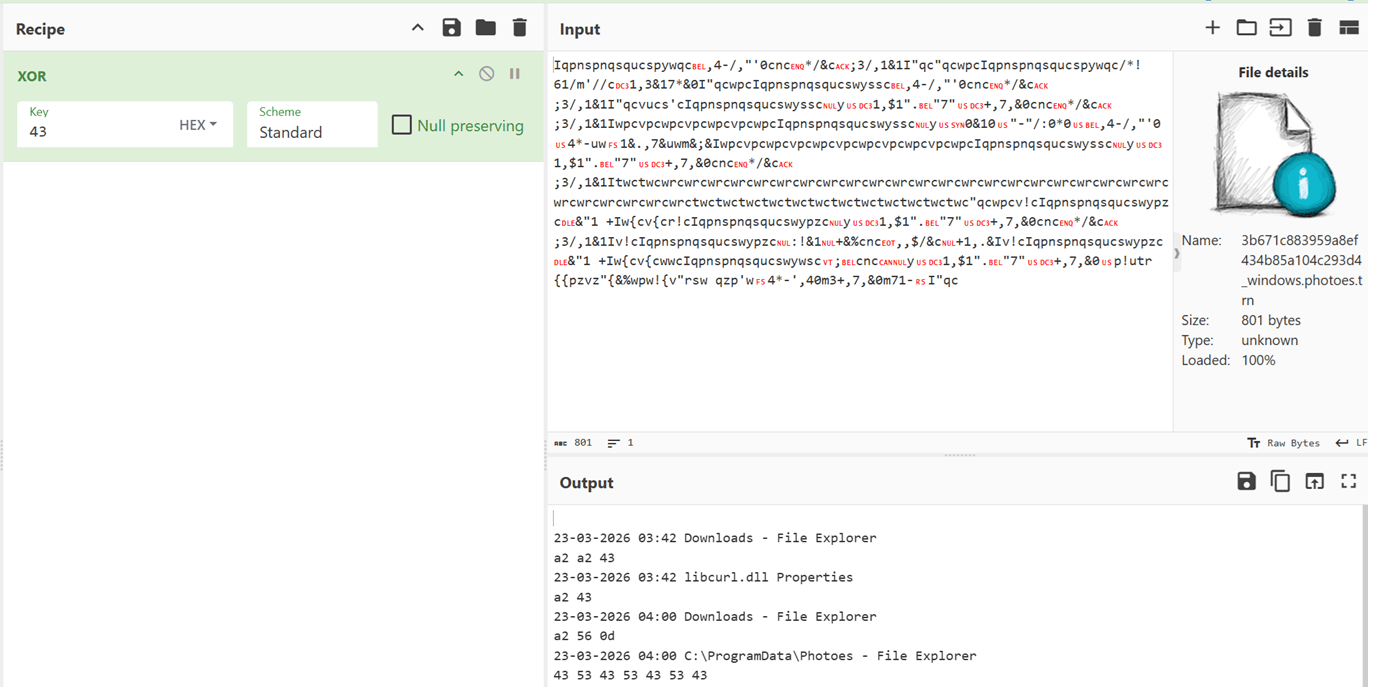 XOR decrypting a keylogger file with the byte 0x43 (Source : Elastic Security Labs).