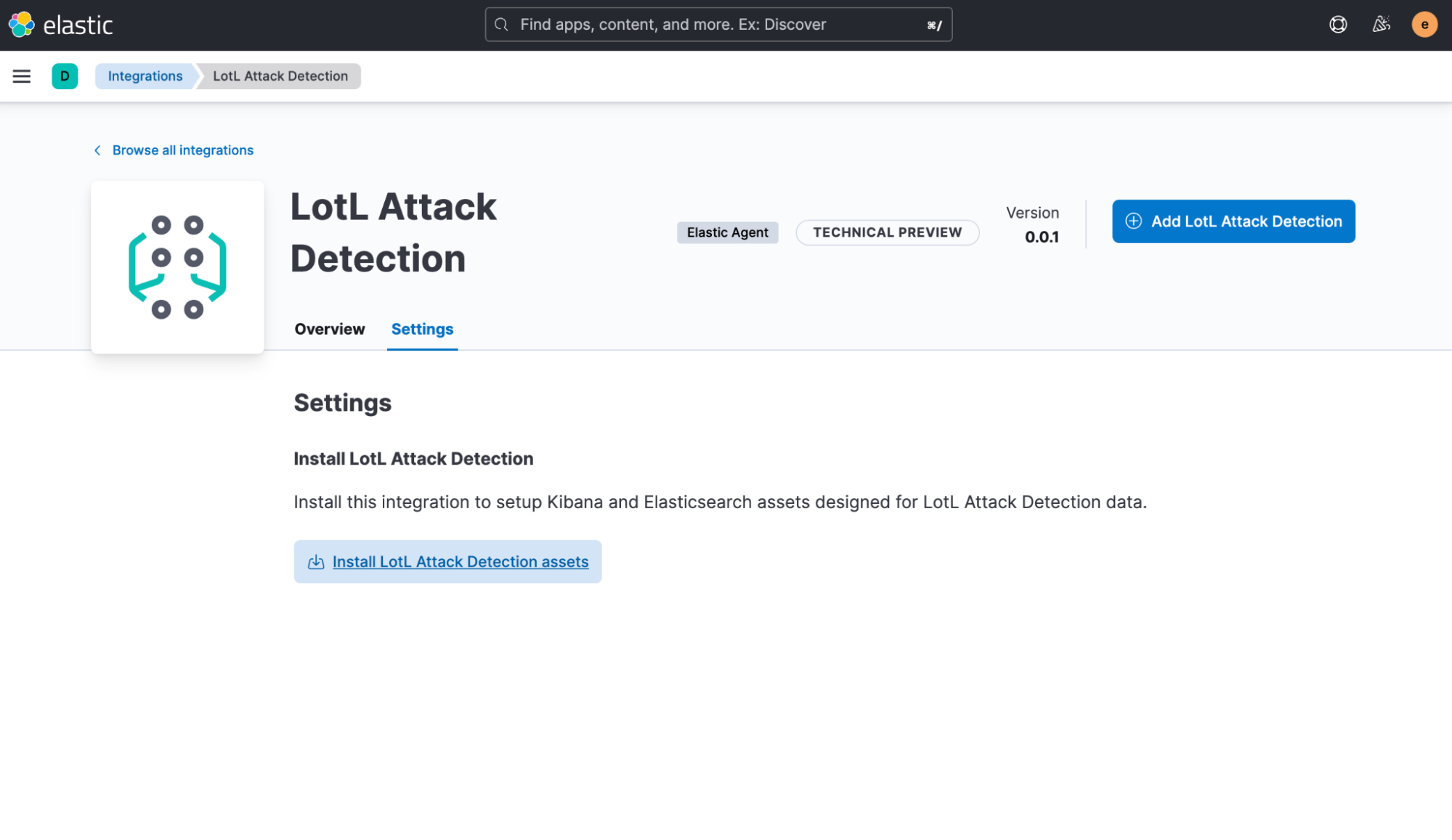 To install the assets, click the Install LotL Attack Detection assets button under the Settings tab.